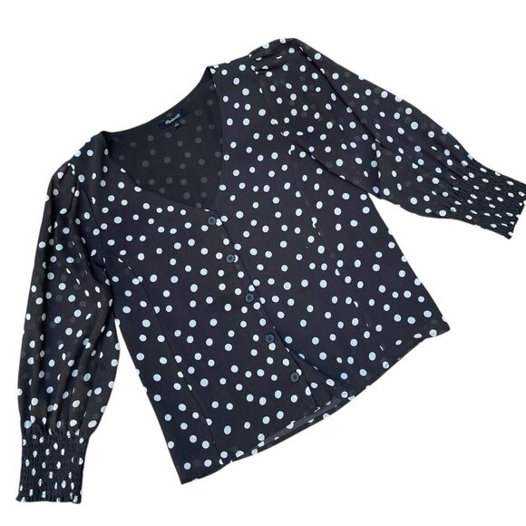 Retro Polka Dot Chiffon Button Blouse Black White Smocked Cuffs Sz 4 Retro Chic - Picture 7 of 15